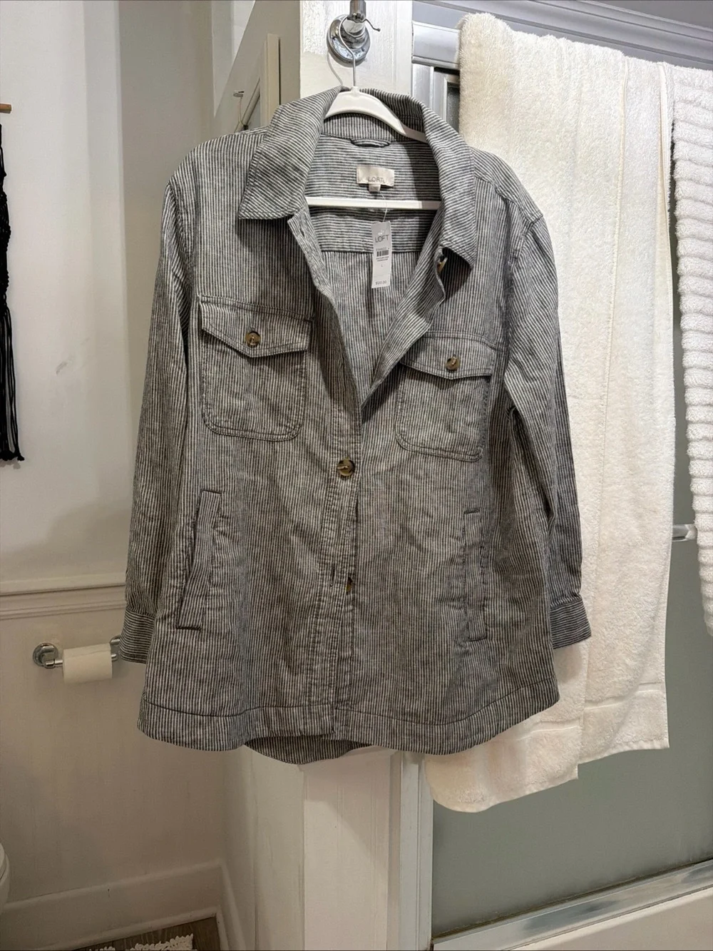 LOFT Gray Pinstripe Utility Jacket with Button Front